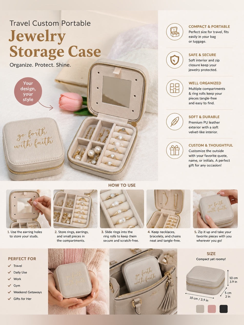 Travel Custom Portable Jewelry Storage Case – "Go Fourth with God" – Silver  💍